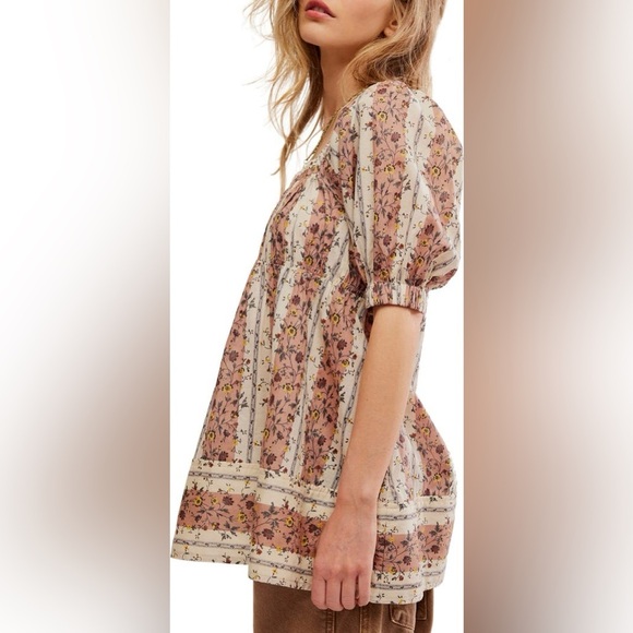 Free People Vintage Lover Cotton Top in Adobe Rose Combo - Size M - Picture 3 of 7